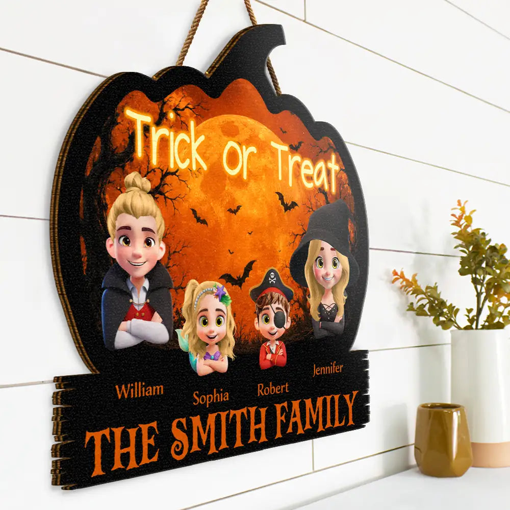 Adorable,Halloween,Family - Halloween Family Trick Or Treat - Personalized Custom Shaped Wood Sign