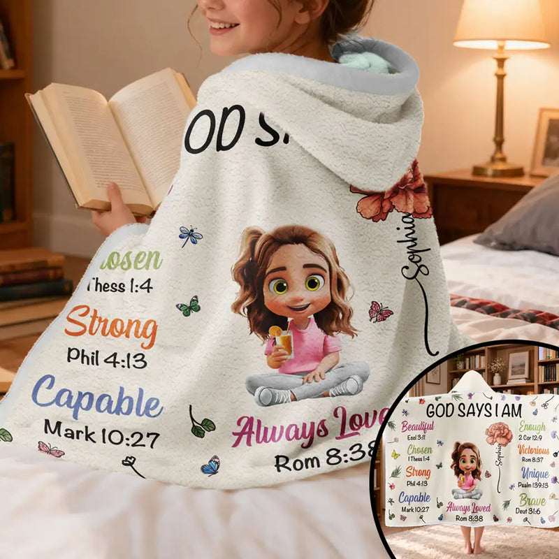 Christmas,Cozy,Gift For Yourself,Vector - God Says I Am Birth Month Flower - Personalized Wearable Hooded Blanket