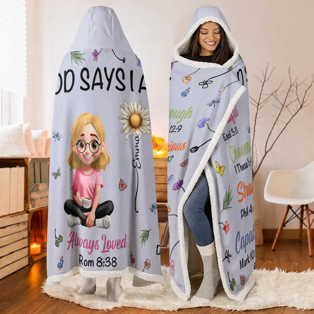 Christmas,Cozy,Gift For Yourself,Vector - God Says I Am Birth Month Flower - Personalized Wearable Hooded Blanket