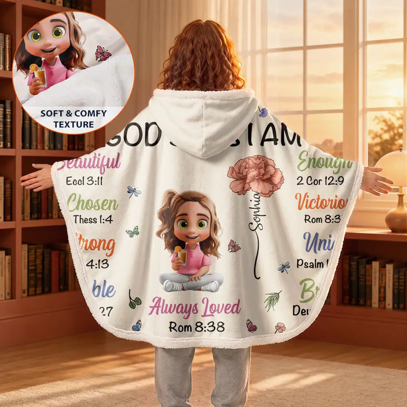 Christmas,Cozy,Gift For Yourself,Vector - God Says I Am Birth Month Flower - Personalized Wearable Hooded Blanket