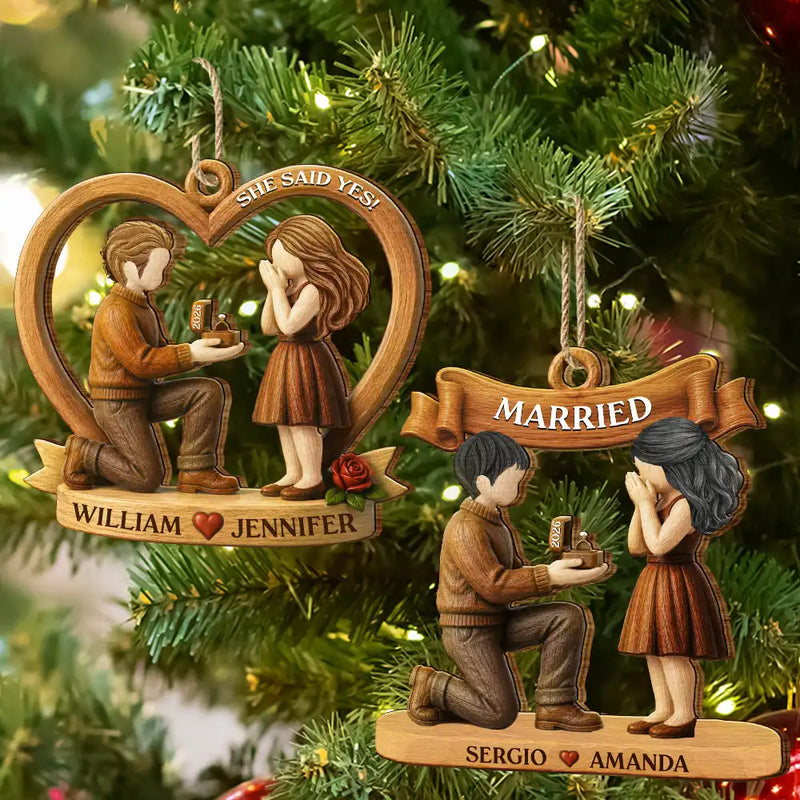 Christmas,Romantic,Gift For Couples,Vector - She Said Yes First Christmas Married Engaged Couple - Personalized Custom Shaped Wooden Ornament