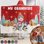 Adorable,Christmas,Gift For Grandma,Icon - My Grandkids Snowmen 3D Effect - Personalized Wearable Hooded Blanket