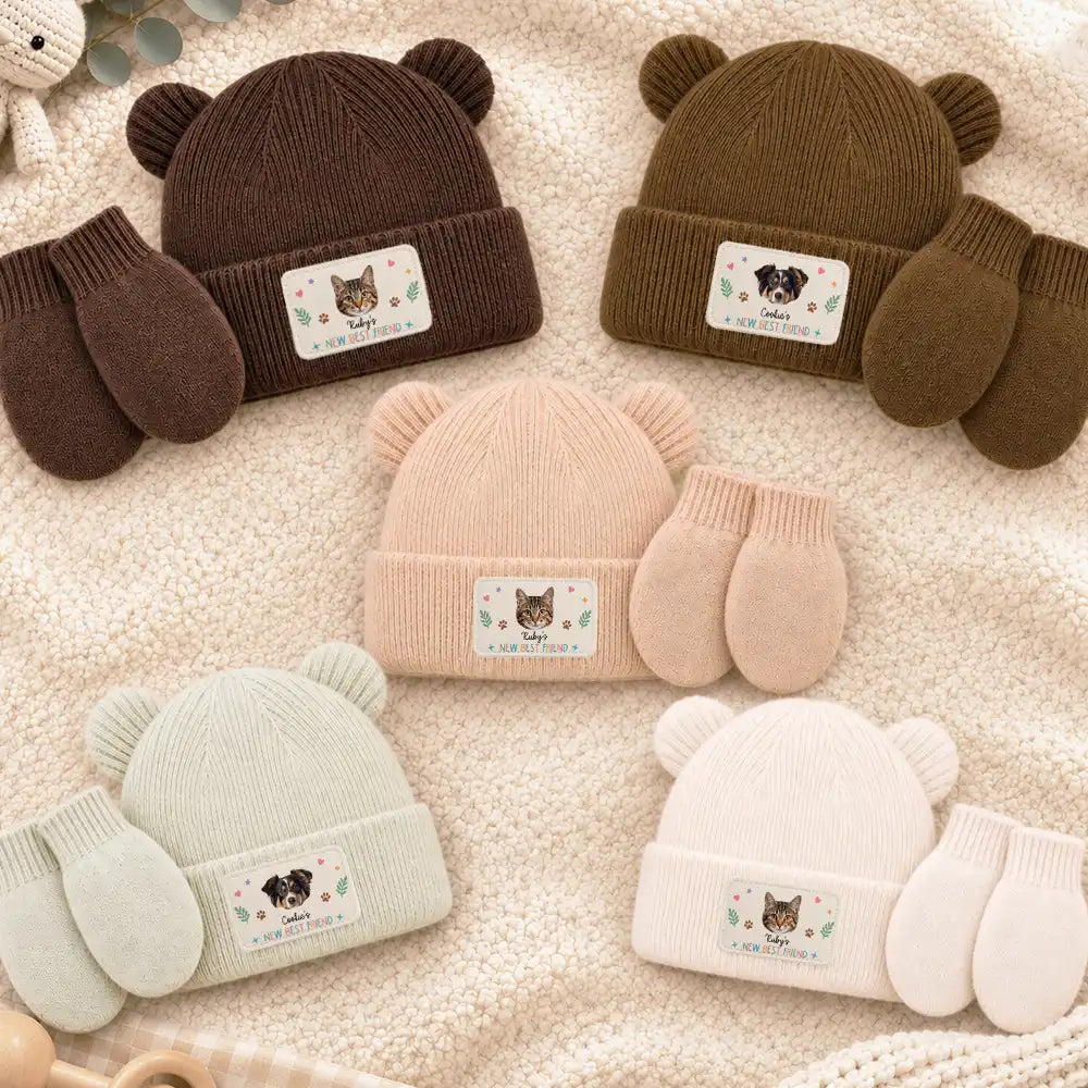 Adorable,New Baby,Christmas,Custom Photo,Pet Lovers,Cut-Face Photo - Custom Photo Pet New Best Friend Baby Shower Gifts For New Mom New Dad New Baby - Personalized Baby Beanie And Mittens