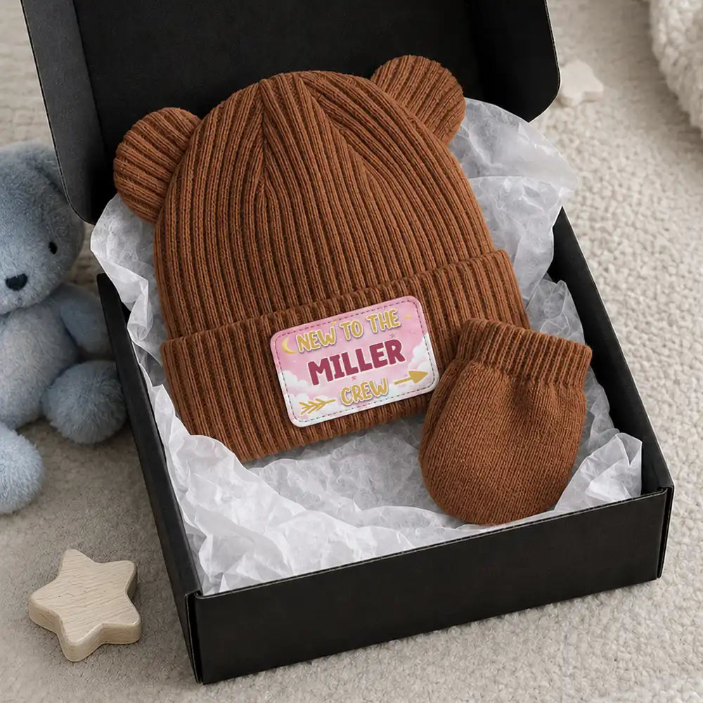 Adorable,New Baby,New Mom,Christmas,Gift For Mother,Custom Text - New To Family Crew - Personalized Baby Beanie And Mittens