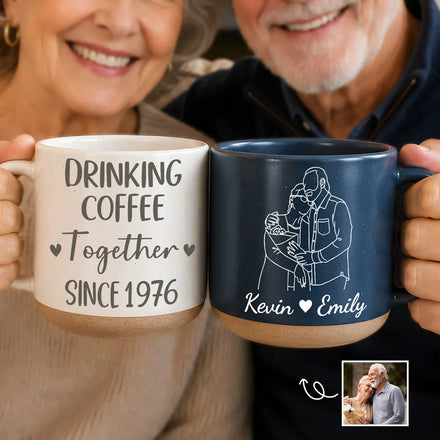 Custom Photo Faceless Outline Sketch Couple Anniversary Drinking Coffee Together - Personalized Pottery Mug
