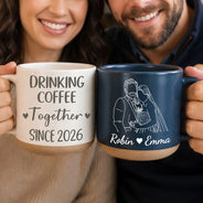 Art Design,Anniversary,Christmas,Old Couples,Romantic,Gift For Couples,Photo - Faceless Outline Sketch - Custom Photo Faceless Outline Sketch Couple Anniversary Drinking Coffee Together - Personalized Pottery Mug