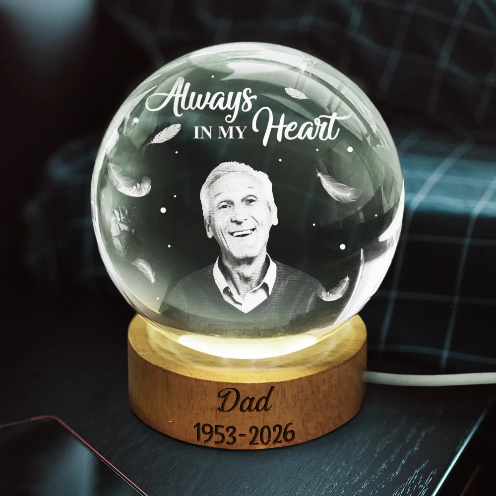 Memorial Loved One,Gift For Father,Christmas,Custom Photo,Sympathetic,Memorial,Remove BG Photo - Custom Photo Memorial Always In Our Heart - Personalized Crystal Globe Lamp