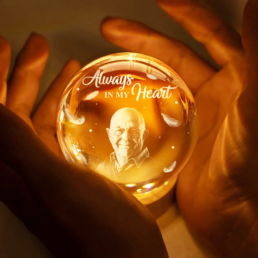 Memorial Loved One,Gift For Father,Christmas,Custom Photo,Sympathetic,Memorial,Remove BG Photo - Custom Photo Memorial Always In Our Heart - Personalized Crystal Globe Lamp