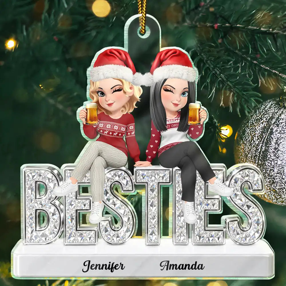 Gift For Bestie,Christmas,Vector,Happy - Bestie Funny Keepsake Crystal Sitting On Year - Personalized Custom Shaped Acrylic Ornament