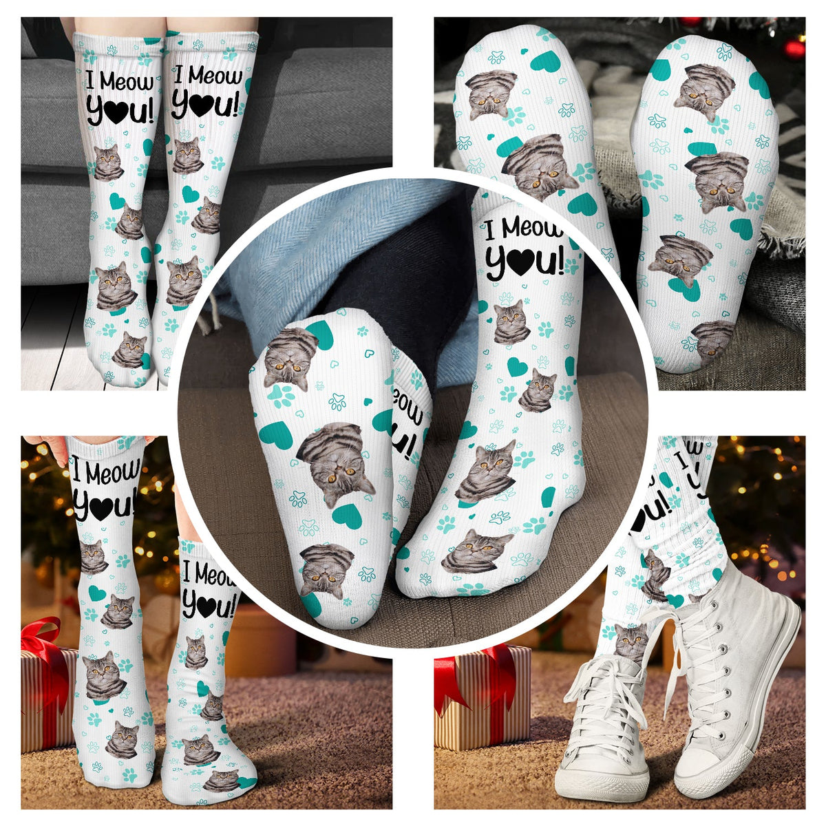Custom Photo I Woof You I Meow You - Gift For Dog Lovers, Cat Lovers - Personalized Socks
