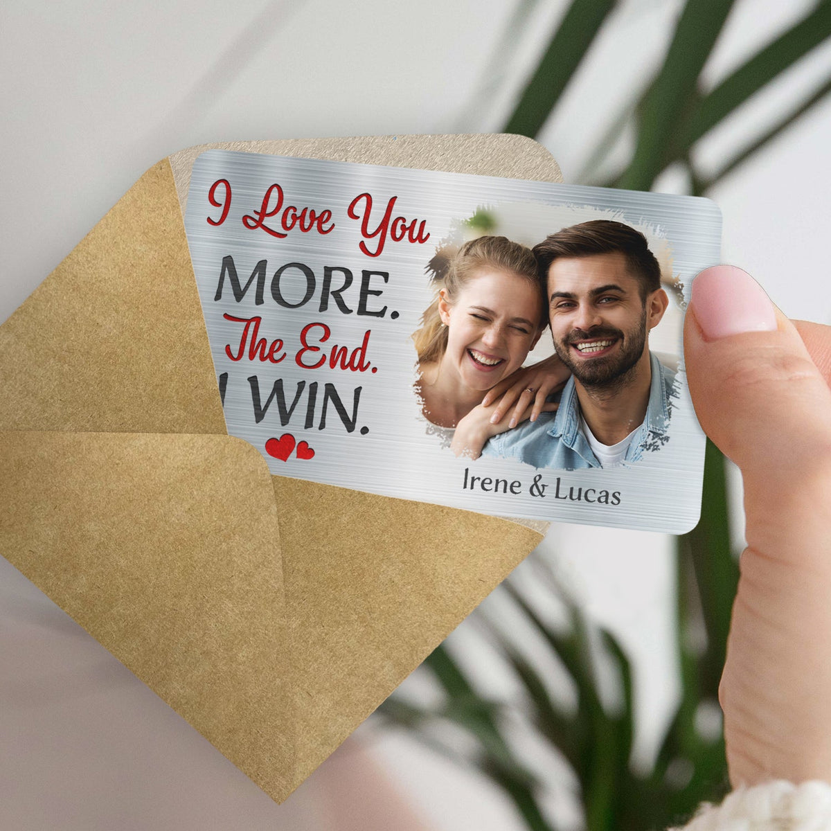 Carte portefeuille en aluminium personnalisée avec photo « Je t'aime encore plus » - Cadeau pour couple