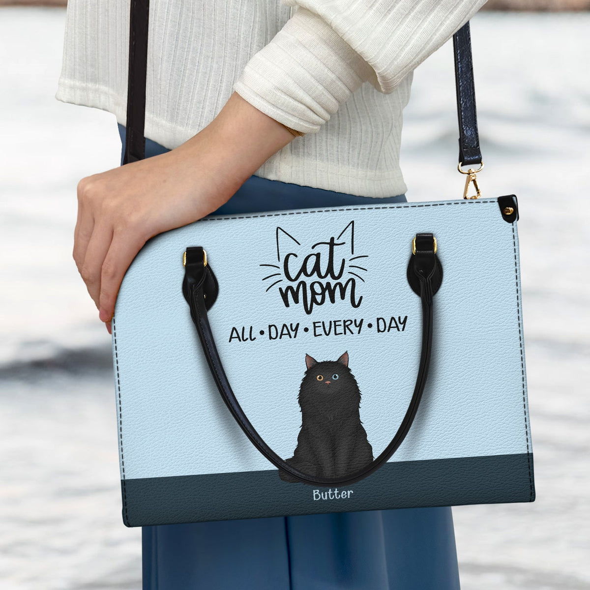 All Day Every Day - Gift For Cat Mom - Personalized Leather Bag