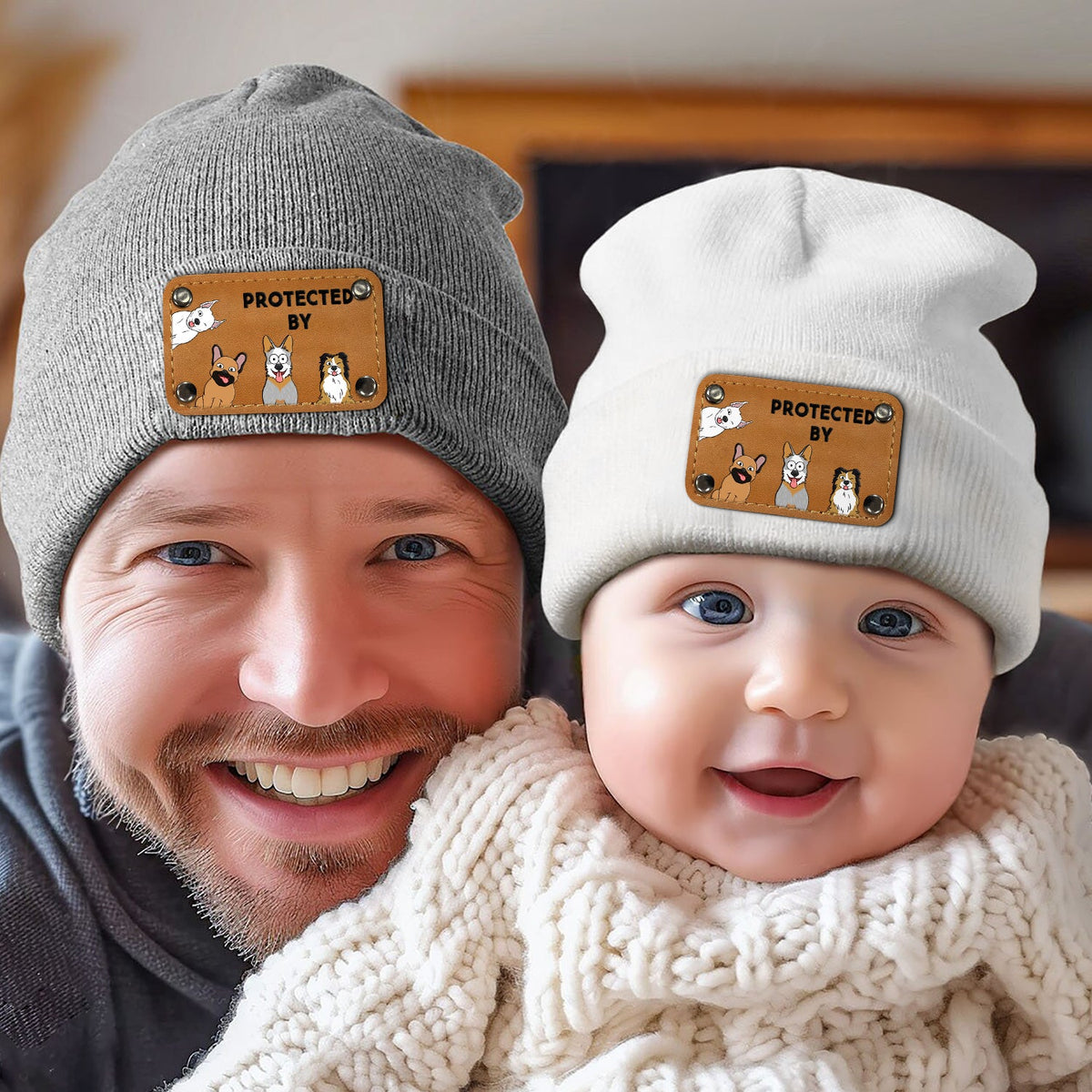 Dog Lovers Protected By - Gift For Baby - Personalized Beanie With Leather Patch