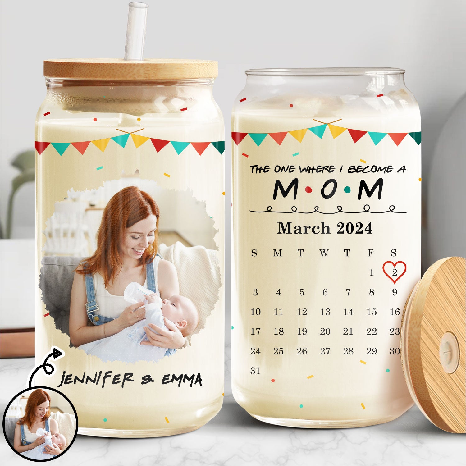 Custom Photo Calendar Where I Become A Mom - Gift For Mom - Personalized Clear Glass Can