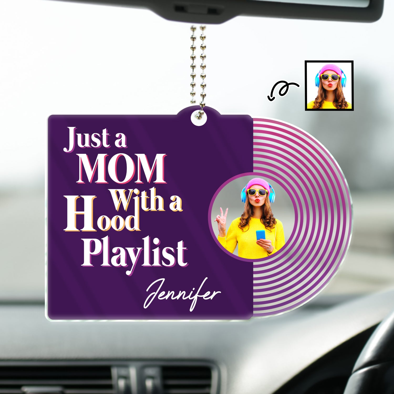 Custom Photo With A Hood Playlist - Gift For Mom - Personalized Acrylic Car Hanger