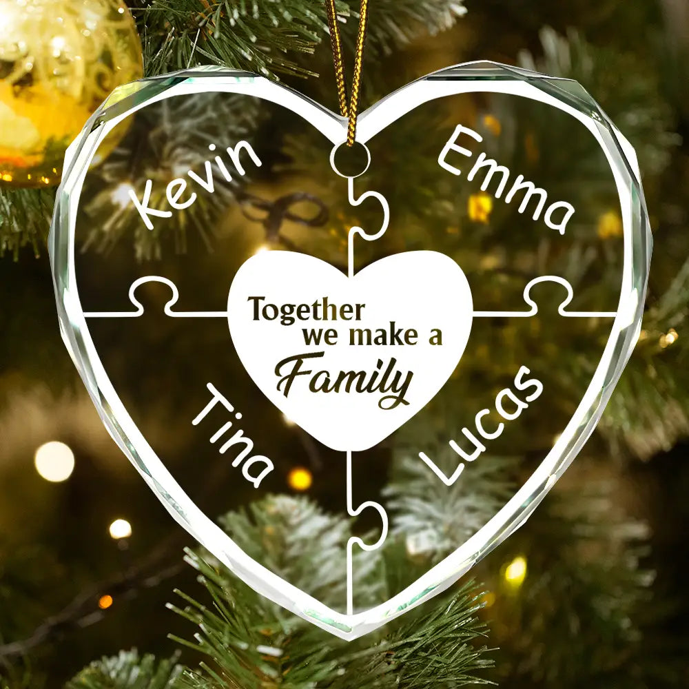 Christmas,Family,Happy - Christmas Together We Make A Family - Personalized Heart Shaped Glass Ornament
