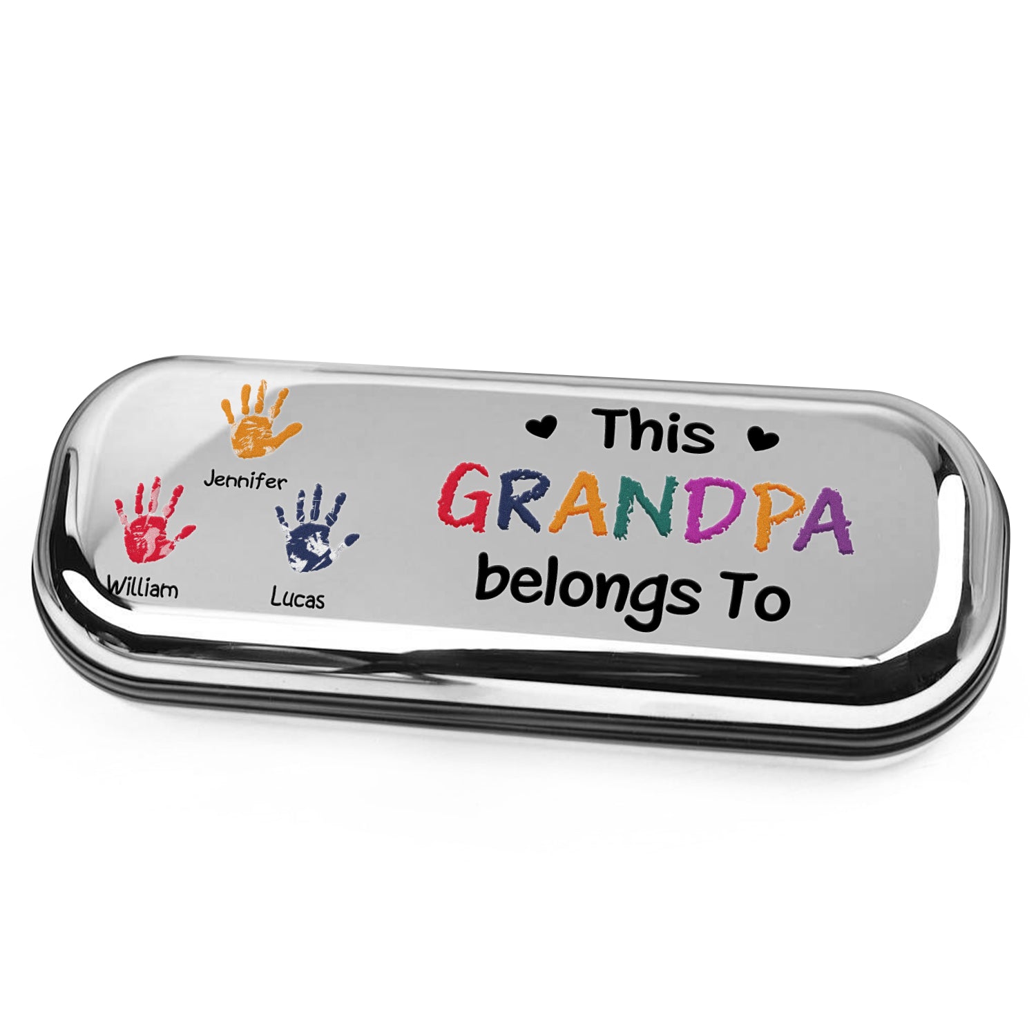 This Grandpa Belongs To Hand Print - Personalized Chrome Glasses Case Box