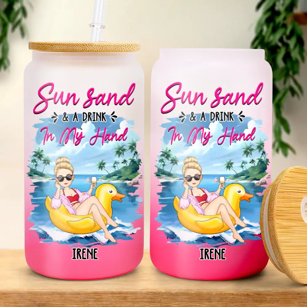 Sun Sand And A Drink In My Hand - Personalized Ombre Frosted Glass Can