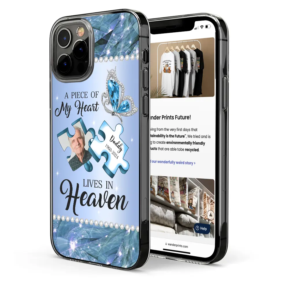 Custom Photo Memorial A Piece Of My Heart Lives In Heaven - Metal Effect Printed, Personalized Clear Phone Case
