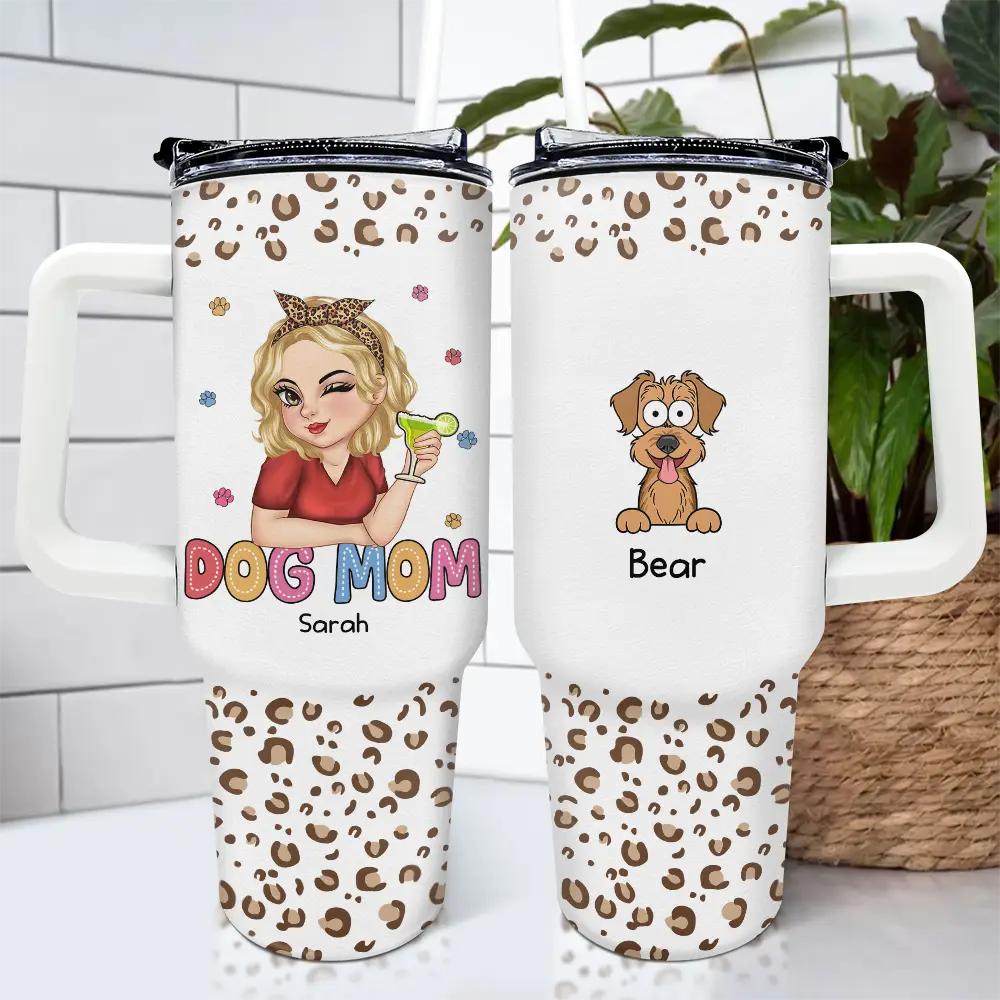 Dog Mom Leopard Pattern - Personalized 40oz Tumbler With Straw