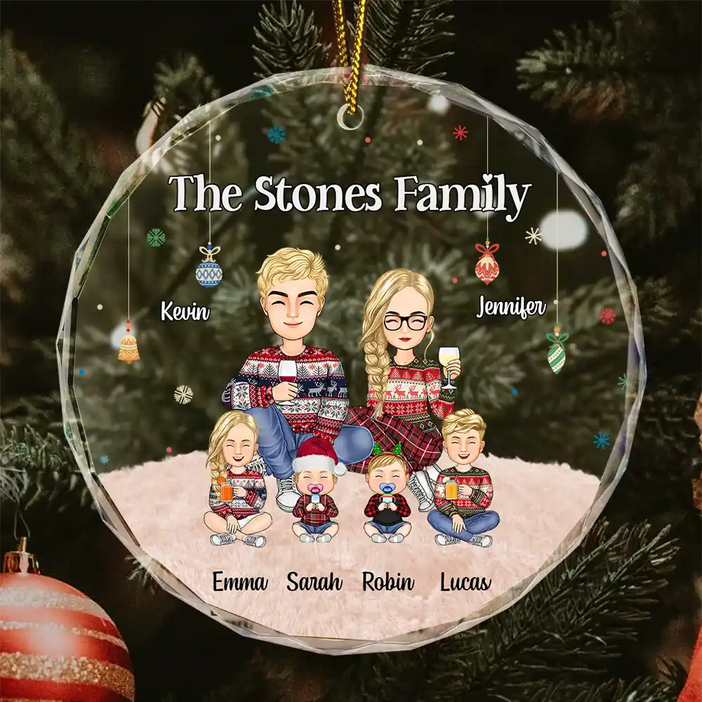 Cartoon Family Sitting - Personalized Circle Glass Ornament