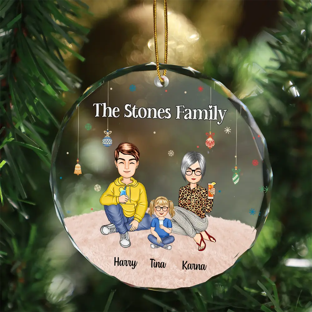 Cartoon Family Sitting - Personalized Circle Glass Ornament