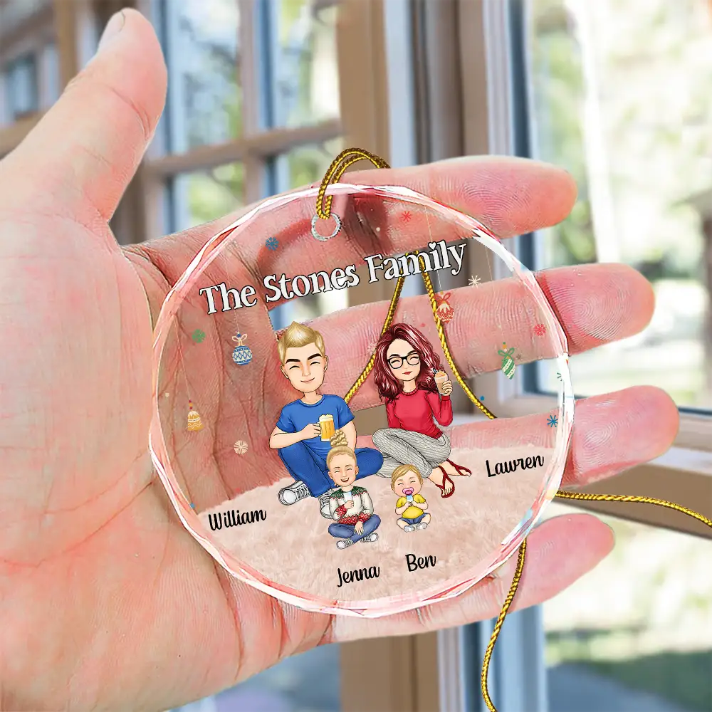 Cartoon Family Sitting - Personalized Circle Glass Ornament