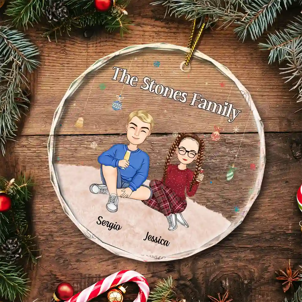 Cartoon Family Sitting - Personalized Circle Glass Ornament