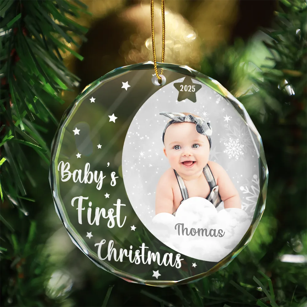 Custom Photo New Baby's First Christmas - Personalized Circle Glass Ornament