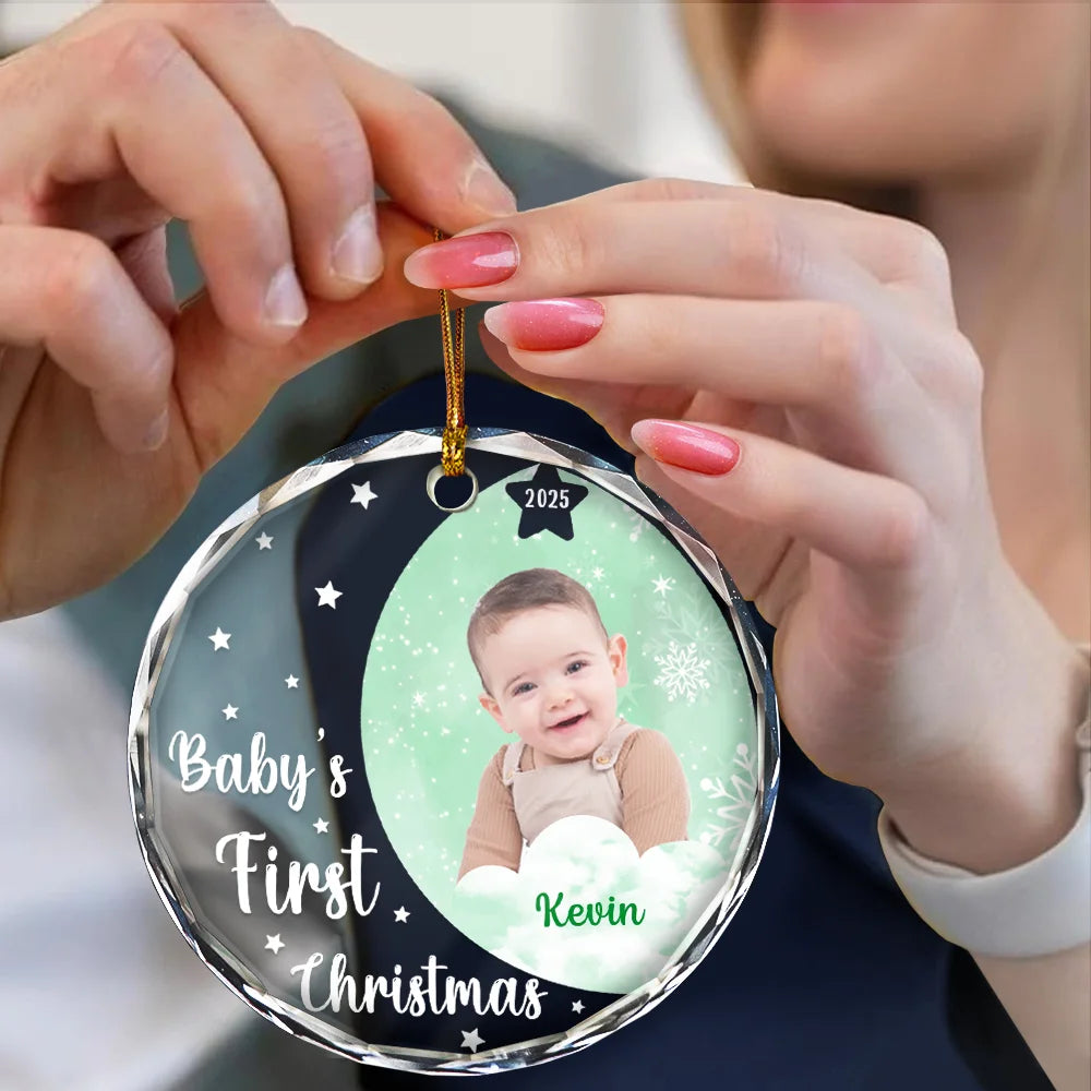 Custom Photo New Baby's First Christmas - Personalized Circle Glass Ornament