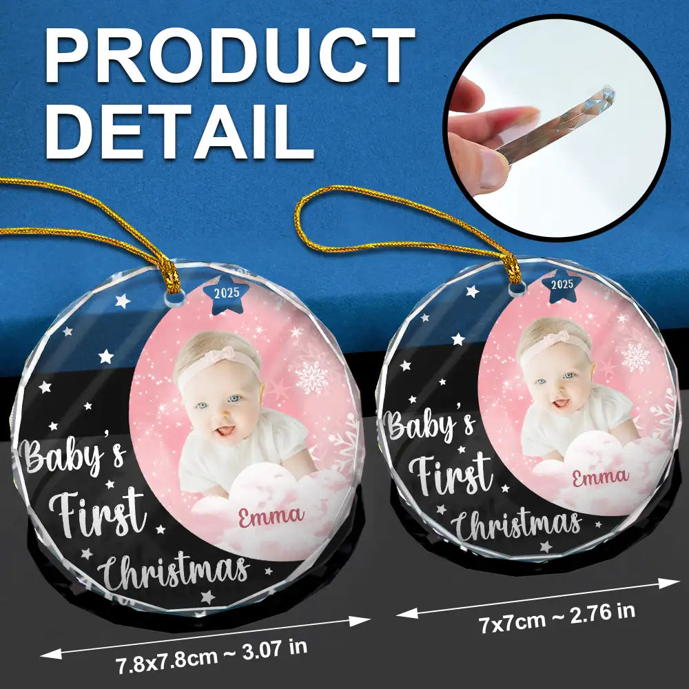 Custom Photo New Baby's First Christmas - Personalized Circle Glass Ornament