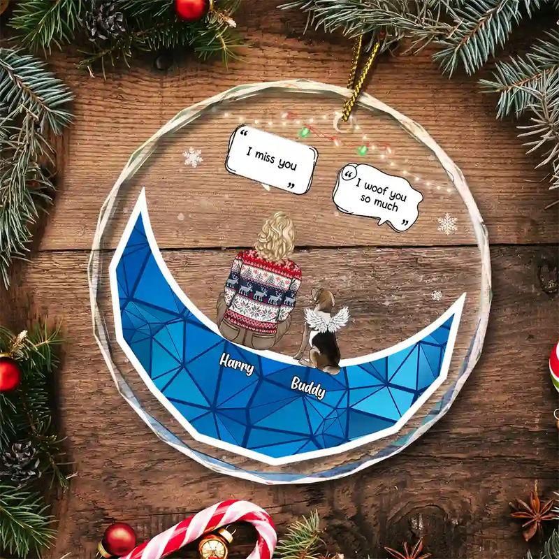 Christmas Memorial Sitting On Moon I Miss You - Personalized Circle Glass Ornament