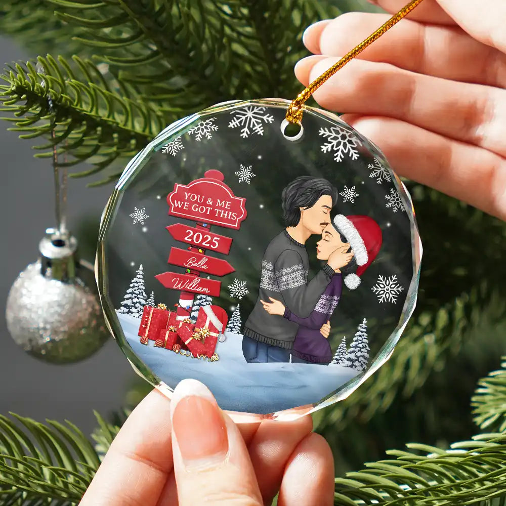 Christmas Couple Kissing Sign - Personalized Circle Glass Ornament