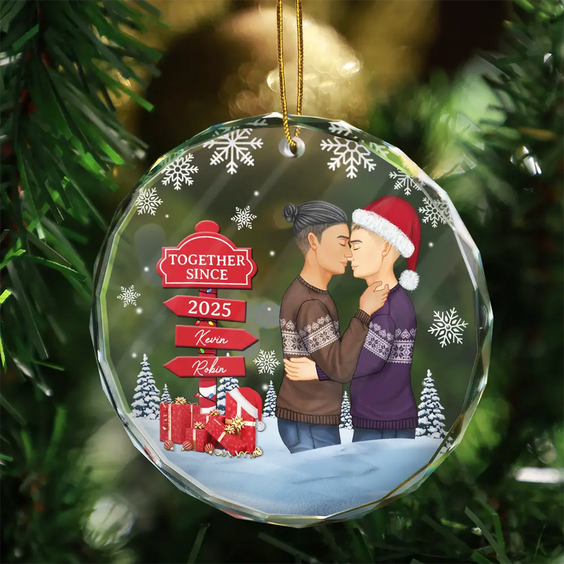 Christmas Couple Kissing Sign - Personalized Circle Glass Ornament