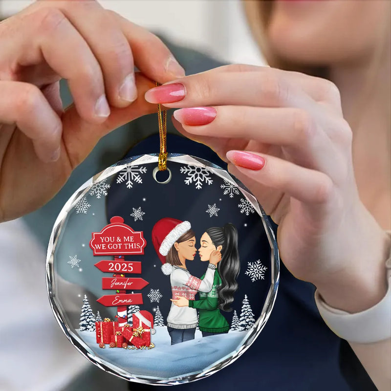 Christmas Couple Kissing Sign - Personalized Circle Glass Ornament