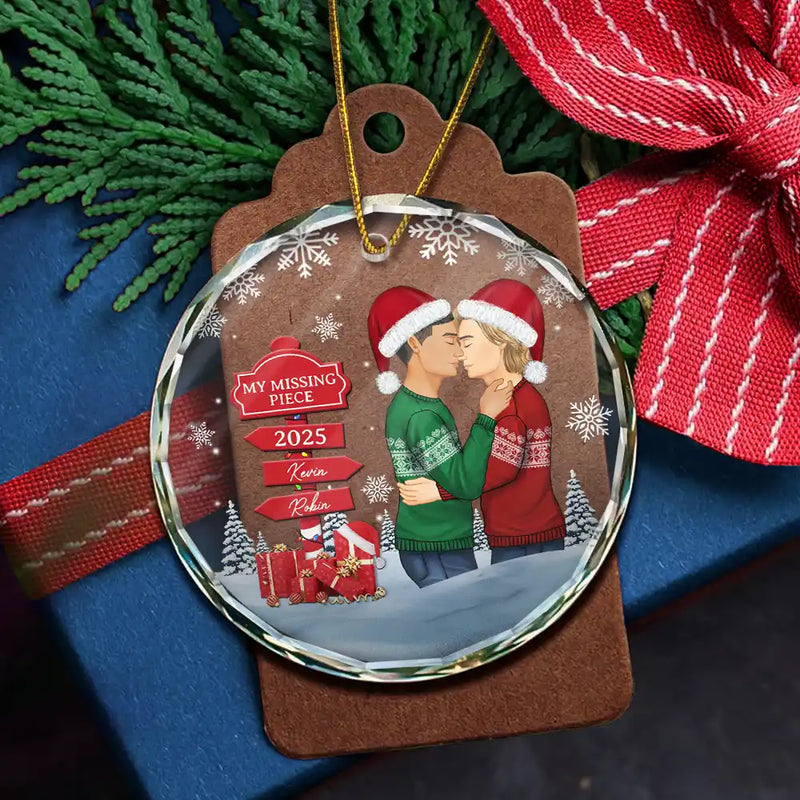Christmas Couple Kissing Sign - Personalized Circle Glass Ornament