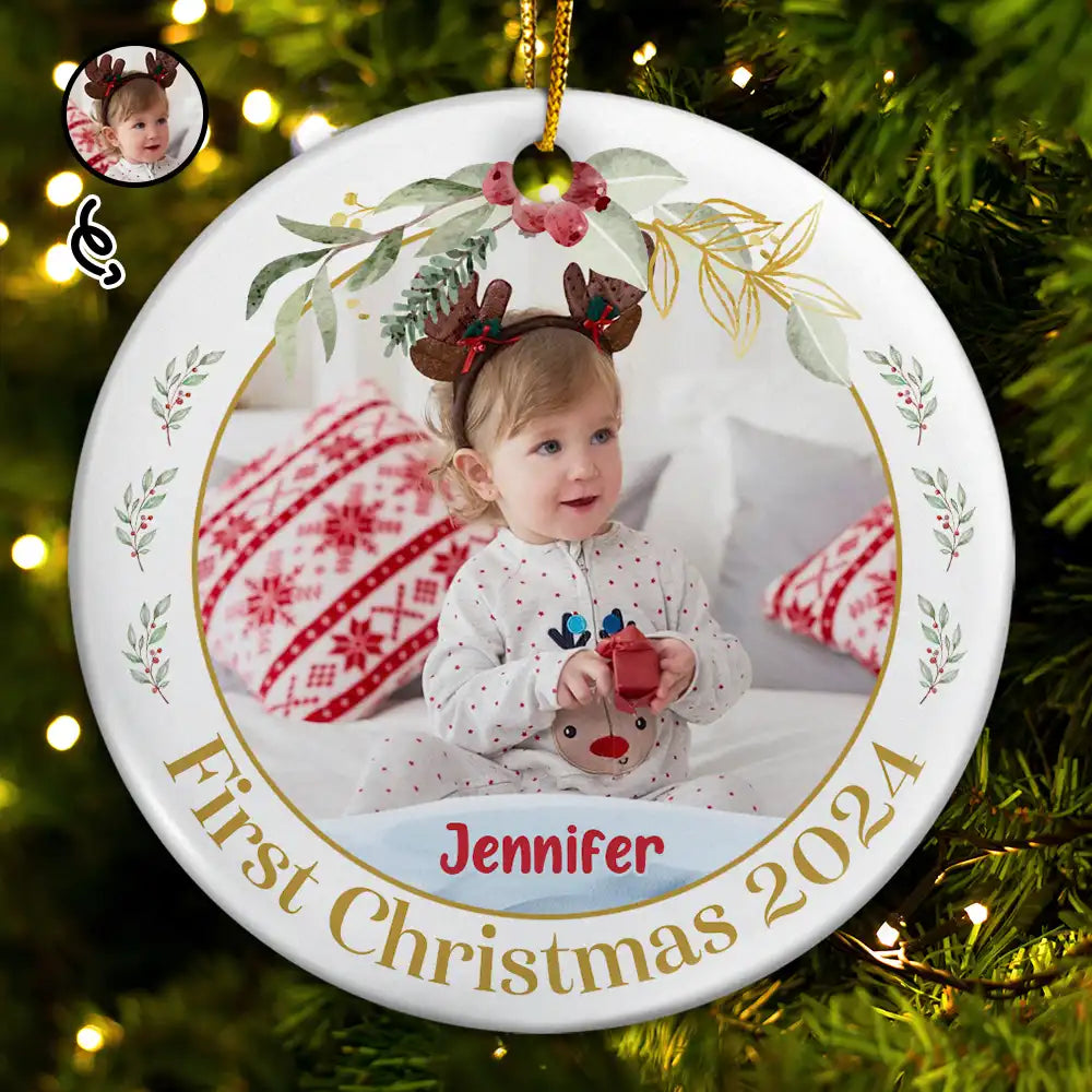 Custom Photo Baby's First Christmas - Personalized Circle Ceramic Ornament