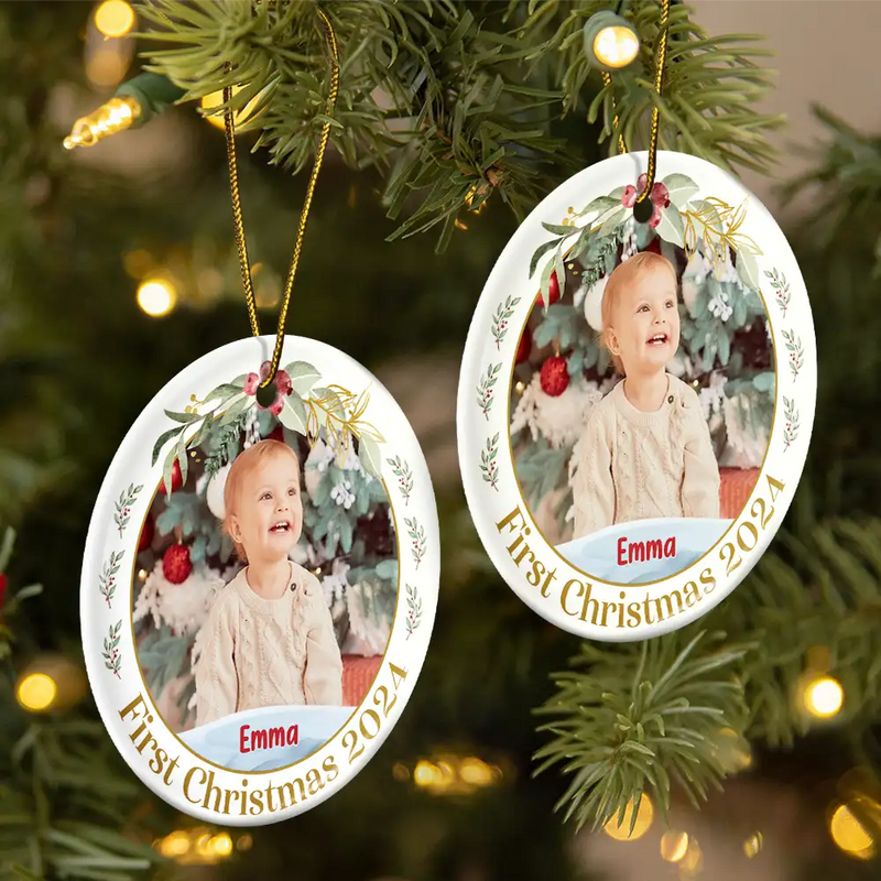 Custom Photo Baby's First Christmas - Personalized Circle Ceramic Ornament