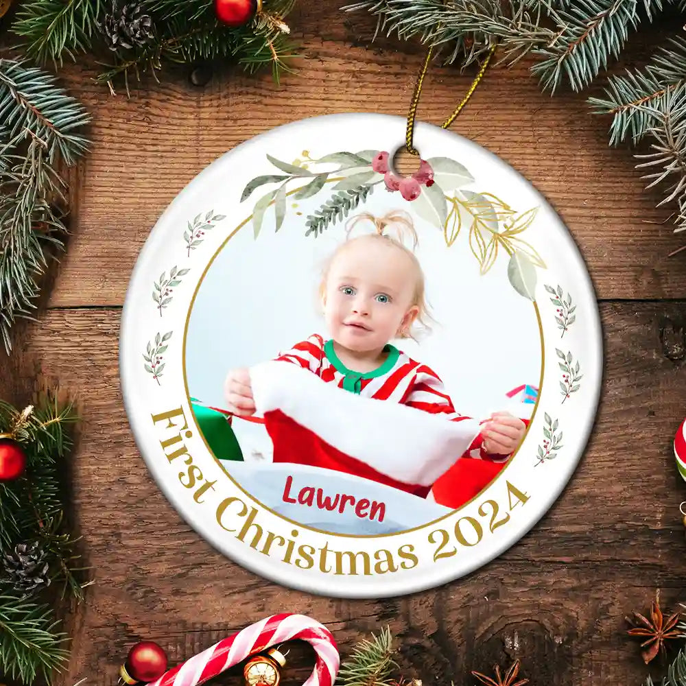 Custom Photo Baby's First Christmas - Personalized Circle Ceramic Ornament