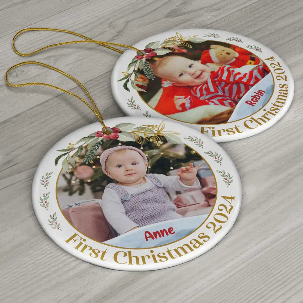 Custom Photo Baby's First Christmas - Personalized Circle Ceramic Ornament