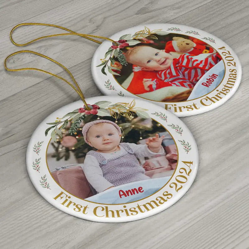 Custom Photo Baby's First Christmas - Personalized Circle Ceramic Ornament