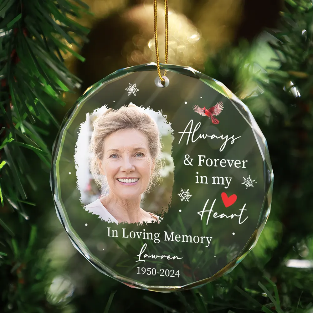 Custom Photo Always & Forever In Our Hearts - Personalized Circle Glass Ornament