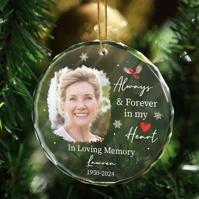 Custom Photo Always & Forever In Our Hearts - Personalized Circle Glass Ornament