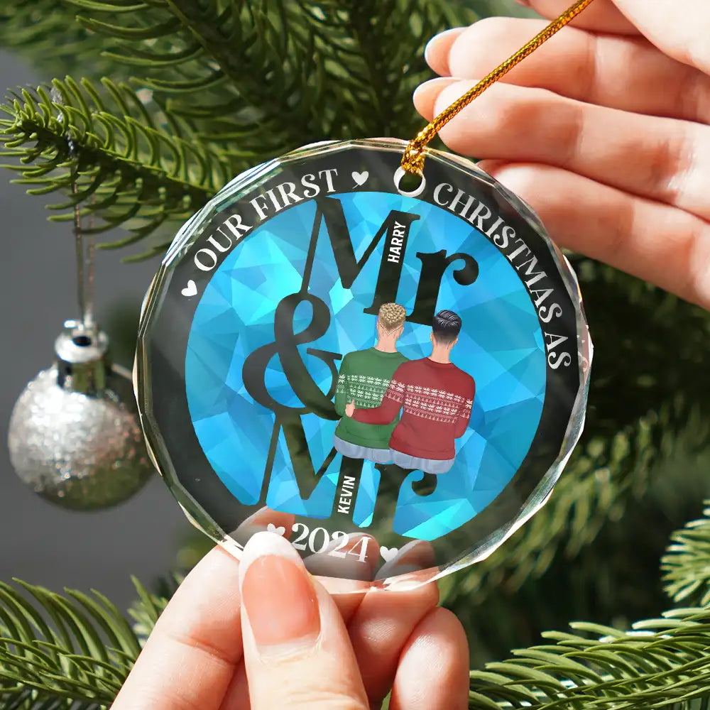 First Christmas As Mr Mrs - Personalized Circle Glass Ornament