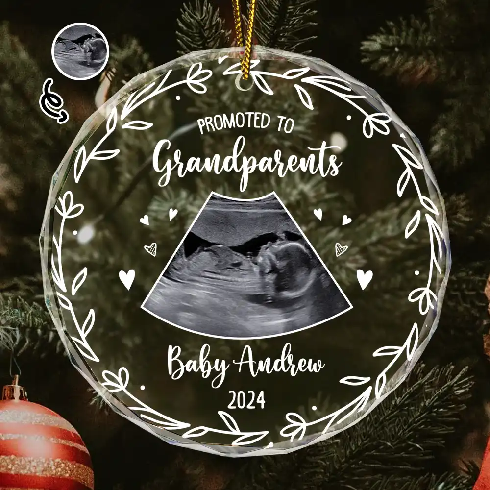 Custom Photo,New baby,New Dad,New Mom,Gift For Grandparents,Happy - Custom Photo Baby Announcement Promoted To - Personalized Circle Glass Ornament