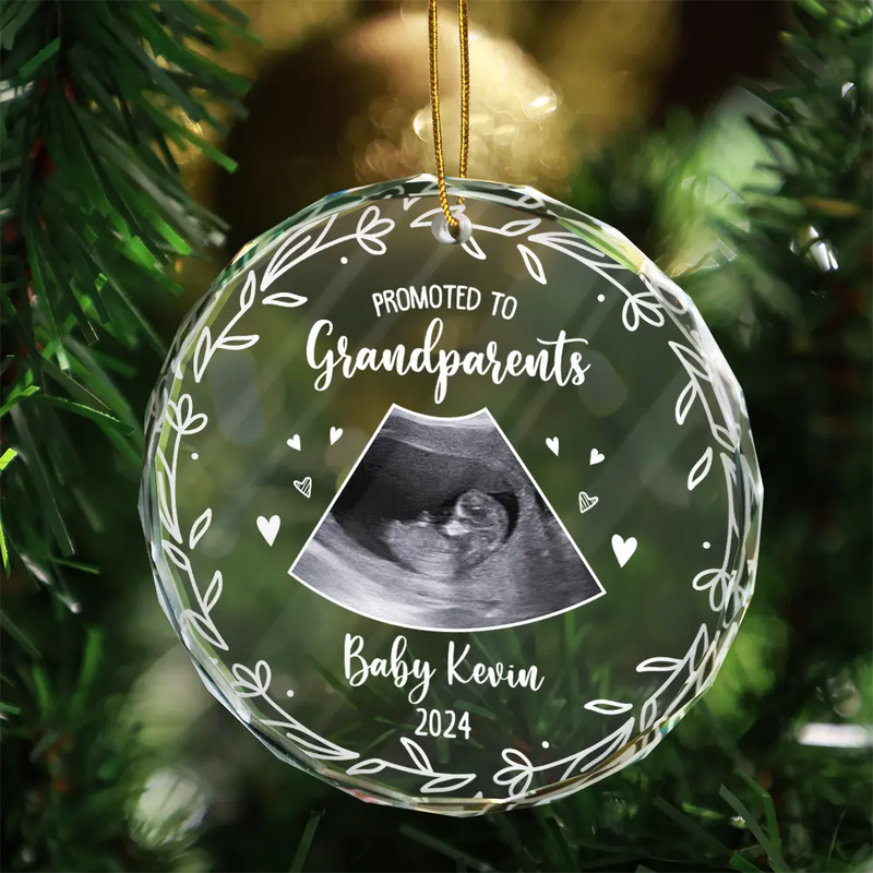 Custom Photo,New baby,New Dad,New Mom,Gift For Grandparents,Happy - Custom Photo Baby Announcement Promoted To - Personalized Circle Glass Ornament