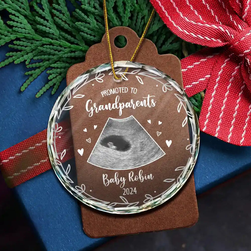 Custom Photo,New baby,New Dad,New Mom,Gift For Grandparents,Happy - Custom Photo Baby Announcement Promoted To - Personalized Circle Glass Ornament