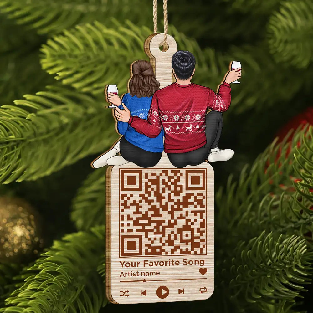 Christmas Couple QR Code Favorite Song - Personalized Wooden Cutout Ornament