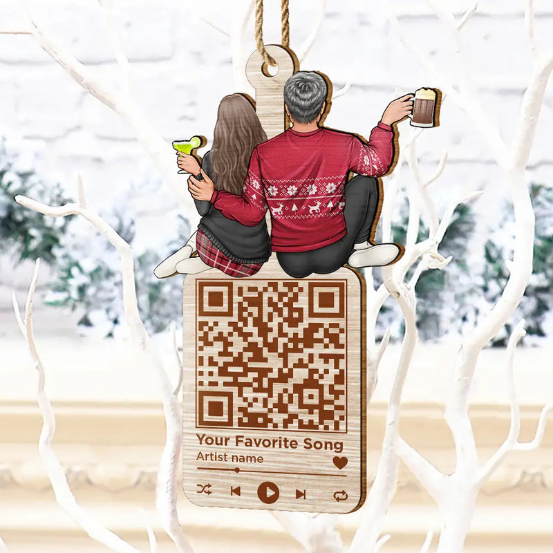Gift For Couples - Christmas Couple QR Code Favorite Song - Personalized Wooden Cutout Ornament