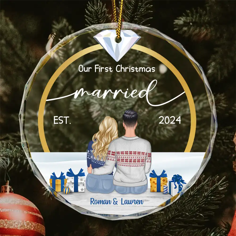 Diamond Ring First Christmas Married - Personalized Circle Glass Ornament